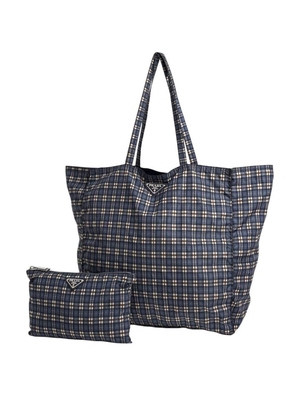 Prada Tote Eco Plaid Nylon Navy Multicolor